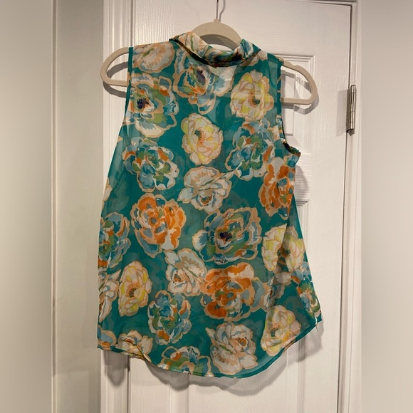 Love Notes Size S Turquoise Floral Sheer Button Down Sleeveless Top - Picture 6 of 9